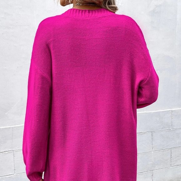 Hot Pink Casual Womens Cable Knit Drop Shoulder Cardigan - Picture 2 of 5